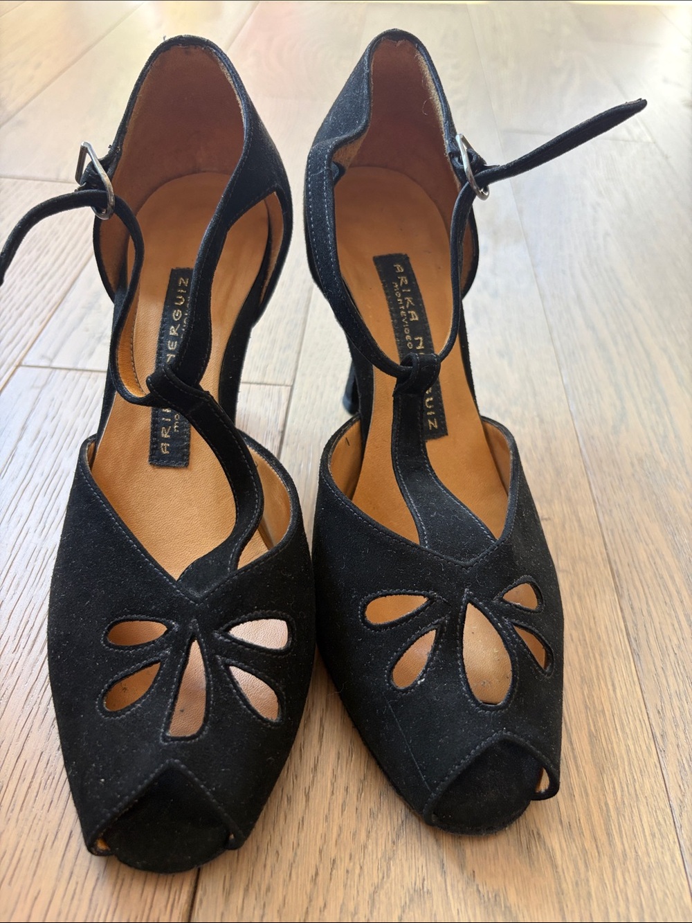 Arika Nerguiz Designer Black Suede Peep-Toe T-Strap Heels